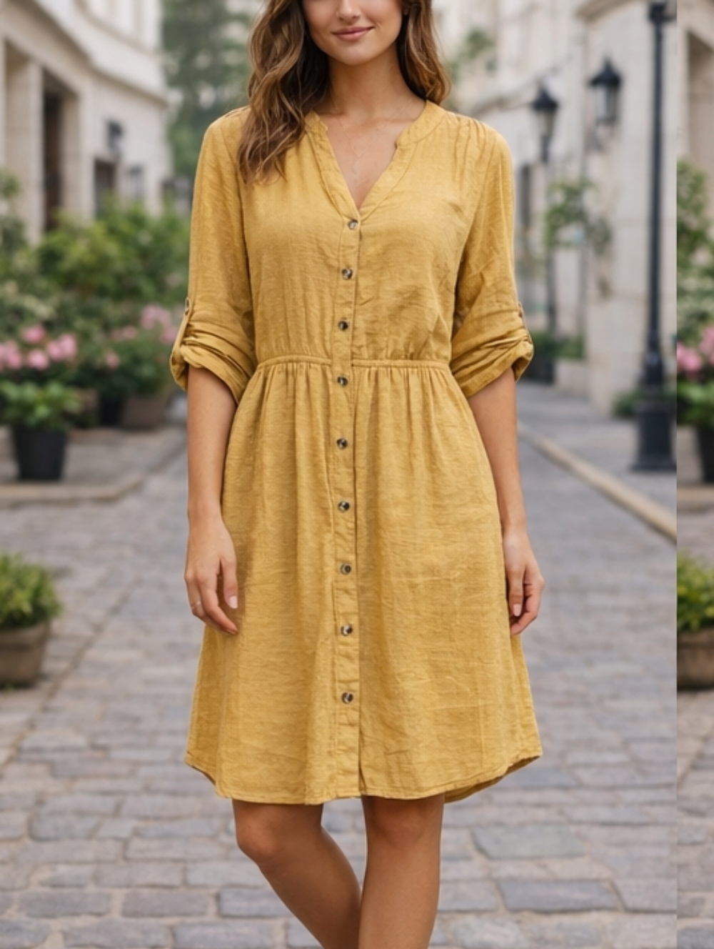 MPH Collection Mustard Button-Front Midi Dress – Size Large